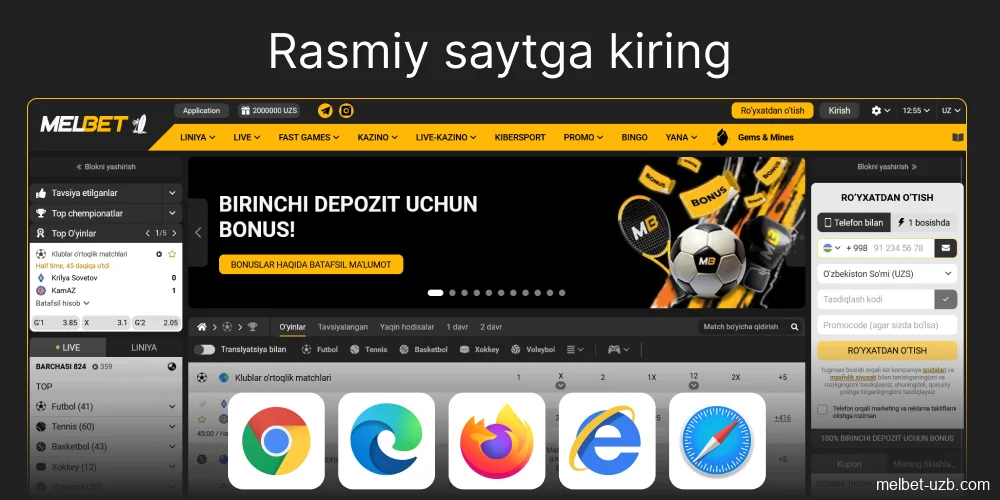 Sevimli brauzeringiz yordamida Melbet veb-saytiga o'ting, 1-qadam